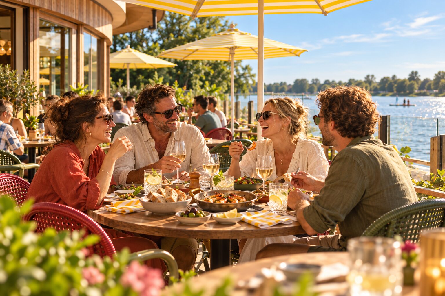 Sfeerimpressie van vrienden die lunchen onder de gele parasols op het terras van Brisa aan het water