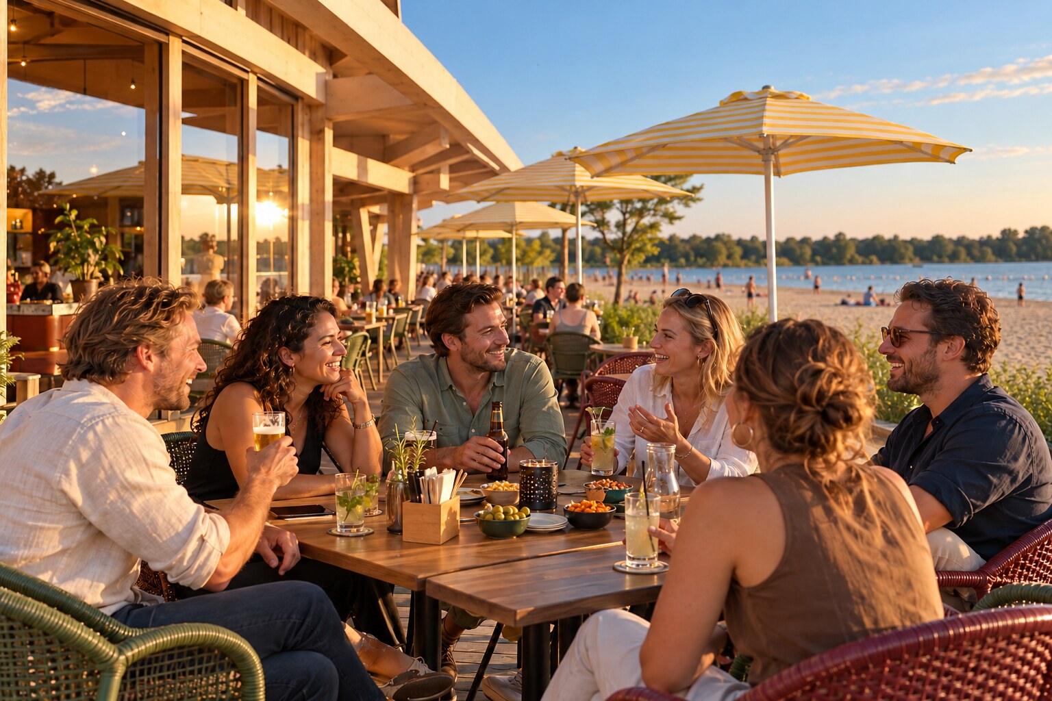 Collega’s borrelen samen op het terras van Brisa aan de Haarrijnse Plas