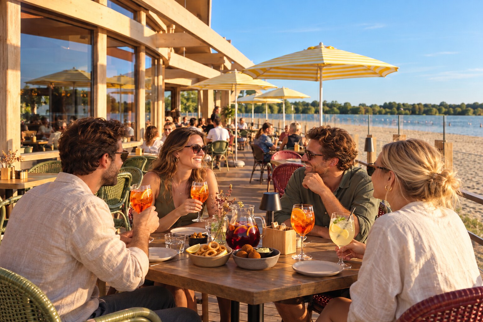 Vrienden genieten van drankjes en borrelhapjes op het terras van Brisa