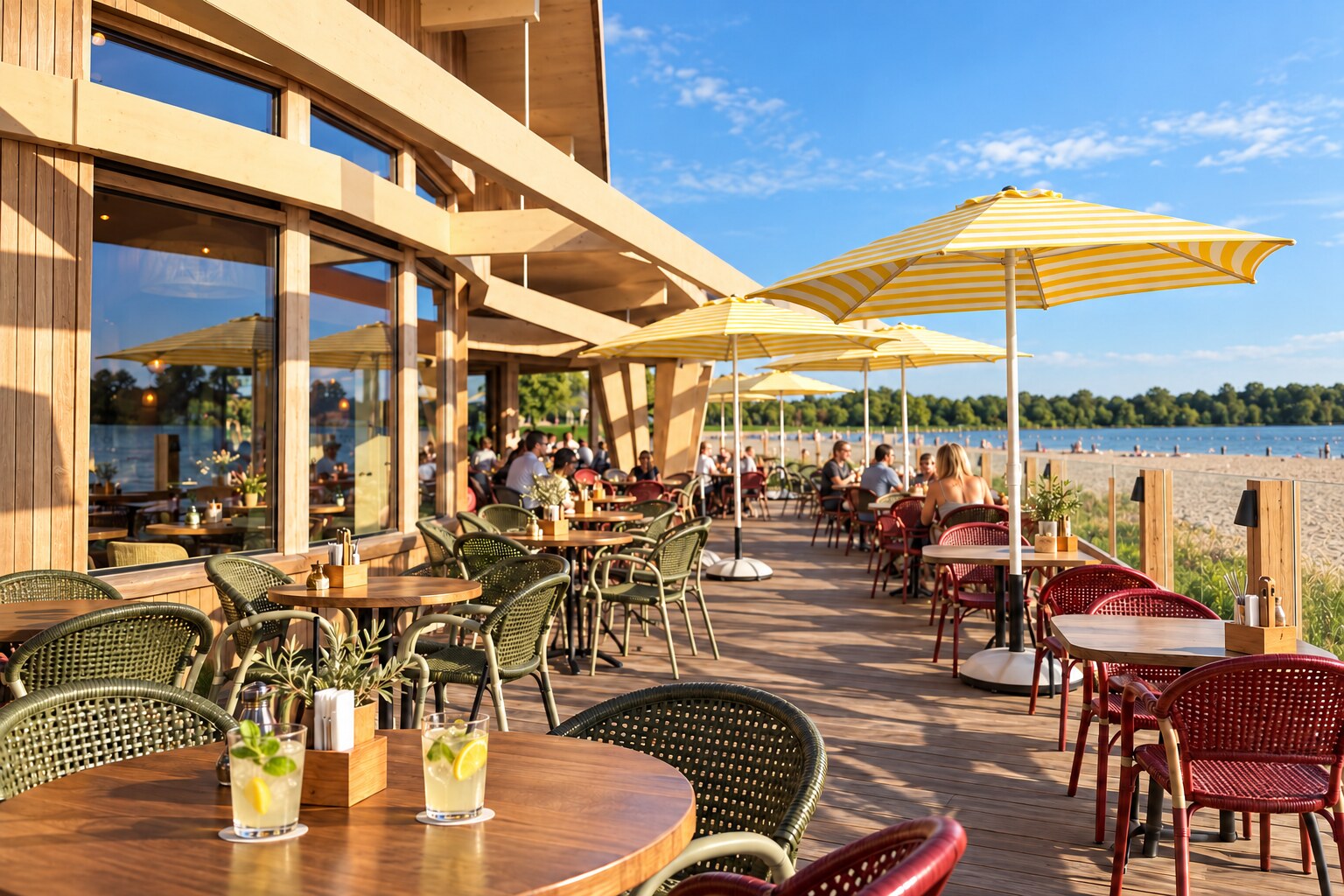 Het terras van Brisa met gestreepte parasols en uitzicht over het water