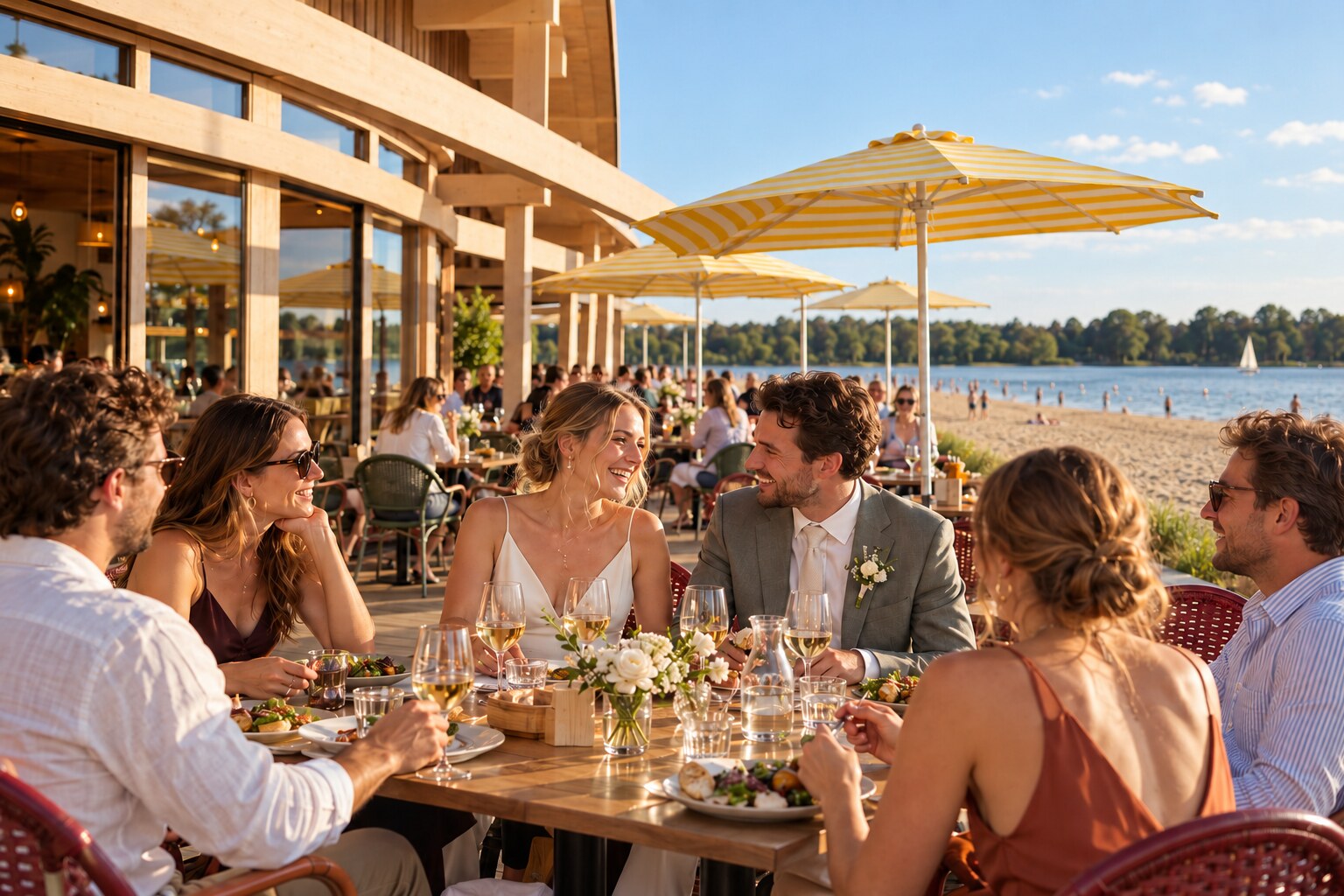 Een bruidspaar met gasten aan tafel op het terras van Brisa aan het water