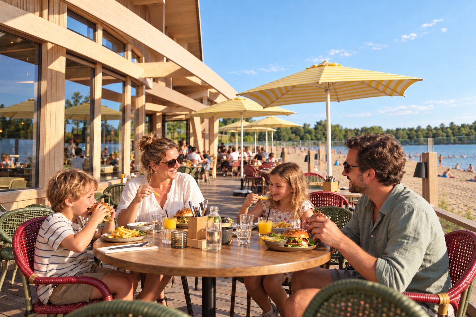Een gezin met twee kinderen eet samen op het terras van Brisa