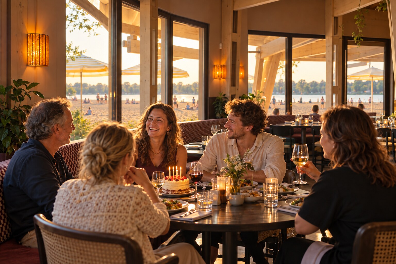 Een gezelschap viert een verjaardag met taart aan tafel bij Brisa